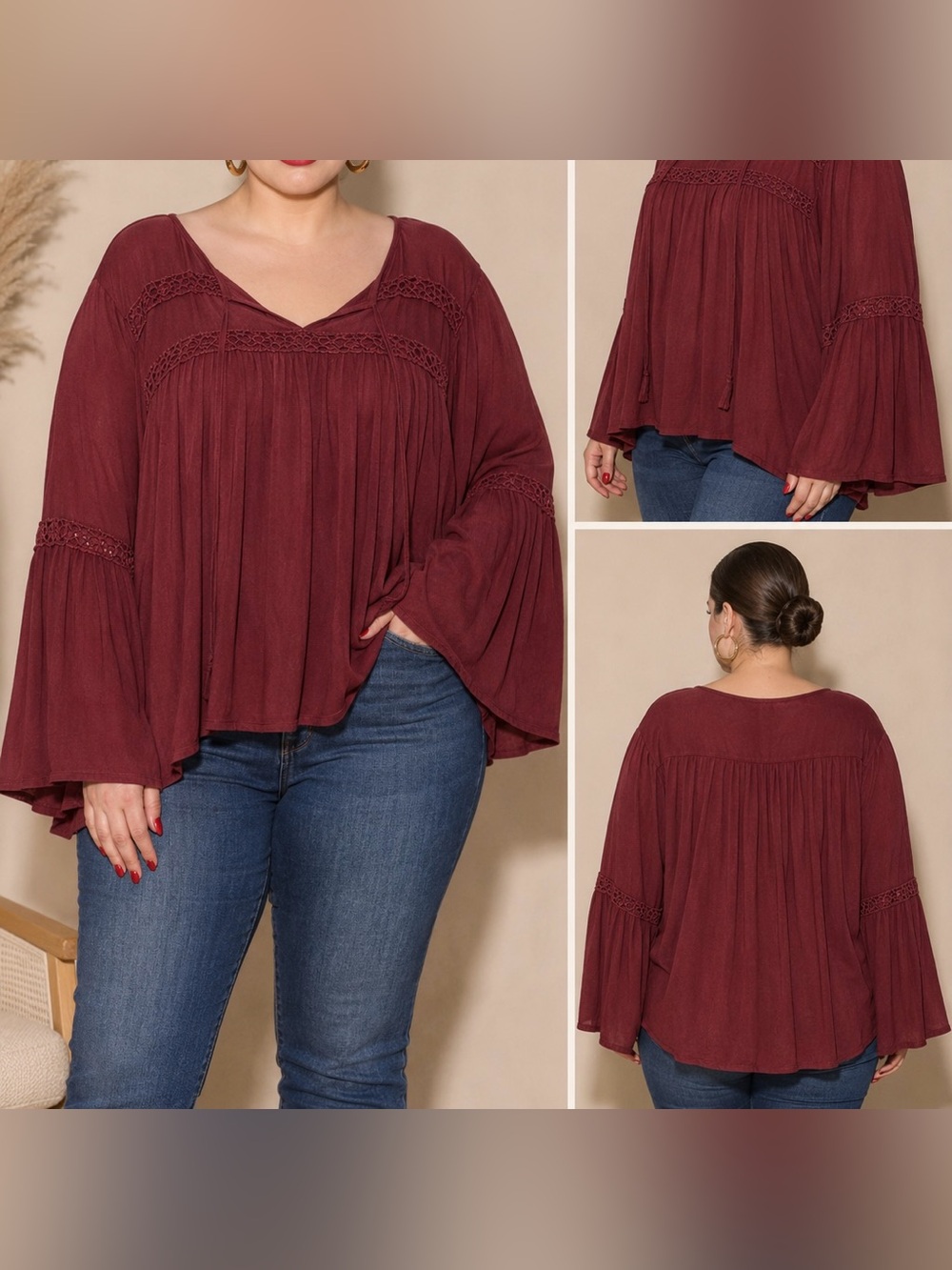 Altar'd State Wine Red Boho Bell-Sleeve Peasant Top